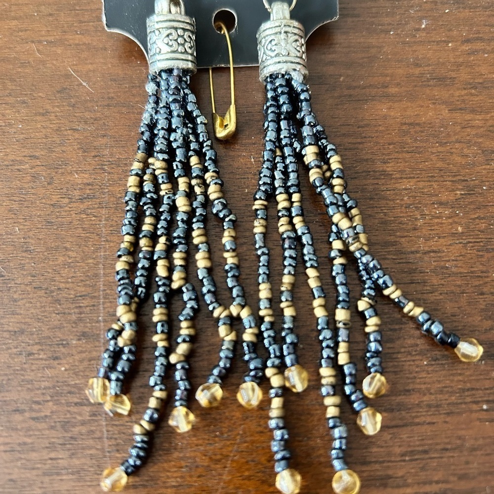 Elegant Black and Gold Beaded Tassel Earrings- long fun earrings -new-handmade